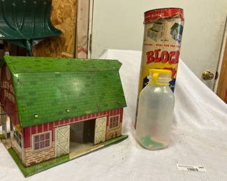 Vintage Block City Toy Set, Tin Barn & Farm Animals