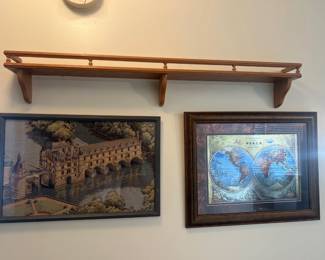 Framed Wall Hangings & Wood Shelf