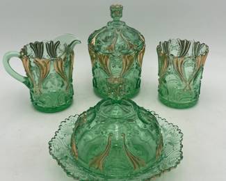 Green Early American Pattern Glass Breakfast Set, Butter Dish, Creamer, Sugar, Spooner