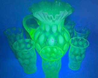 Uranium Glass Fenton Green Opalescent "Coin Spot" Water Set