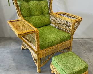 Vintage Henry Link Wicker Lounge Chair with Built in Magazine Rack, Side Table & Ottoman