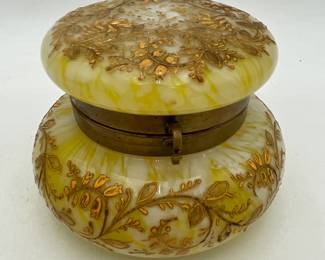 French Art Glass Gold Decorated Hinged Lid Dresser Box