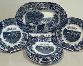 Flow Blue Cow Set, Platter & Plates