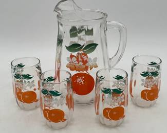 Orange Blossoms Glass Juice Pitcher & 4 Glasses