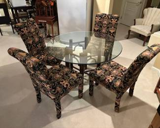 Vintage Sherrill Furniture Baboo Style Glass Table With 4 Upholstered Side Chairs