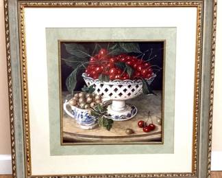 Windsor Art Cherries Matted In Green Gold Frame