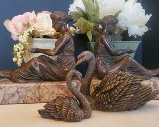 Grecian Goddess Bookends Swan Figurines, Floral Accents Decor