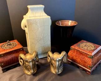 Two Solid Brass Ram Head Bookends, Vases, Decorative Boxes