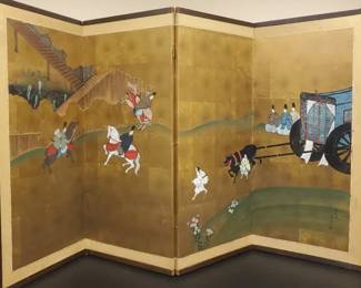 Four Panel Artist Signed Hand painted Screen, Wire For Wall Hanging