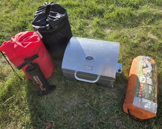 Portable Royal Gourmet Gas Grill, 2 person Tent, 2 Sleeping Bags, And 2 pumps