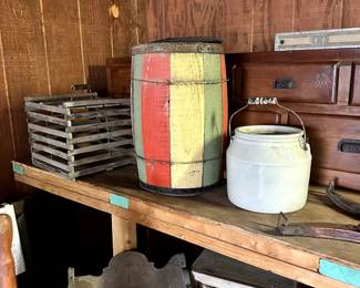 VINTAGE CROCK AND WOODEN BARREL