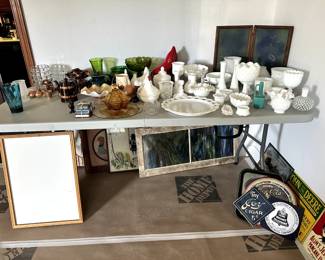 MISC. MILKGLASS VASES  METAL SIGNS