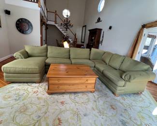 Bassett Large Soft Green 3 pc. Sectional Sofa                       (back 150” - side 96” - chaise 64”), Pennsylvania House Pine Coffee Table w/2 Drawers (48” x 34” x 20”),            Safaviel Area Rug (8.9 x 11.9),             