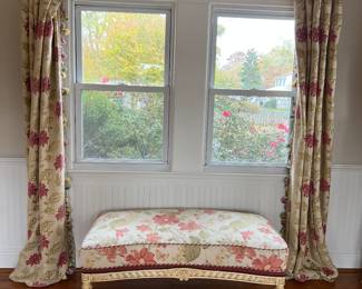 Large French Provincial Style Upholstered Ottoman
(46” x 23” x 18”), Pair Double Drapes