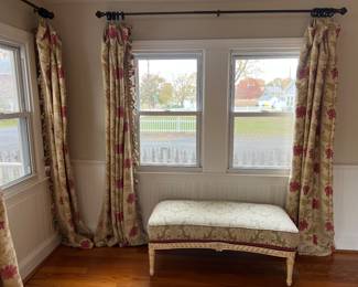 2 Large French Provincial Style Upholstered Ottoman
(46” x 23” x 18”), Drapes