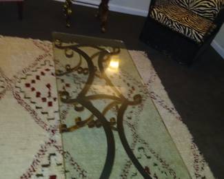 Moroccon wool rug showing glass and bronze table