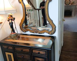 glack and inlay chest of drawers, cabinet and rococo mirror