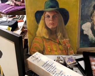 mid century portrait painting of girl in green hat