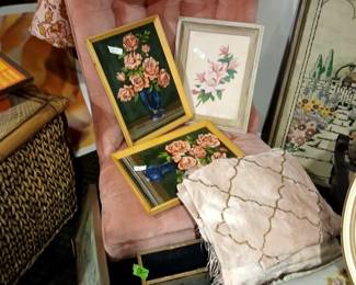 pink rose velvet tufted chair with paint by number roses paintings, pink and gold scarf, woven throw.