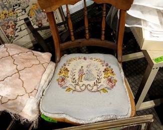 petite point classical seat cushion on walnut spindle back antique side chair with fringe