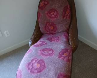 wicker rolled arm cabana style chaise lounge, purple floral print upholstery