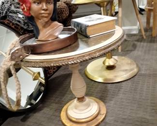 white, gold, glass end table, stand, Hawaiian girl head planter dish