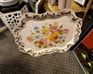 hand painted pink toleware decorated tray
