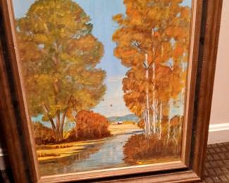Oil painting of autumn trees and river