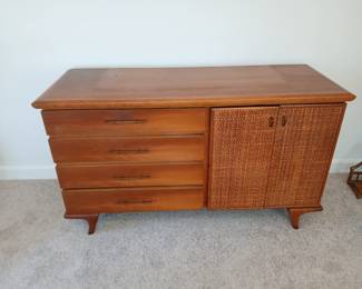 Mid century teak dresser, rattan doors