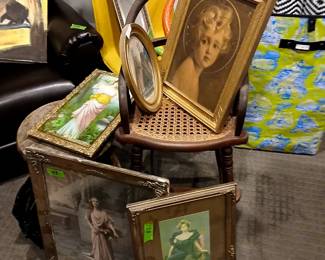 19th century childs chair with Victorian framed prints of Gibson Girls