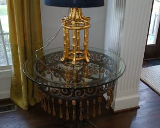 cut metal brass glass top round end table, brass finished bamboo lamp