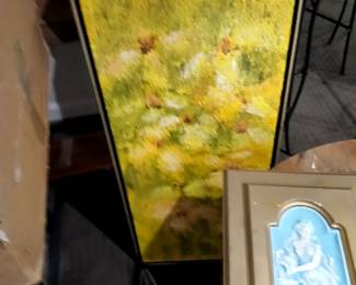 Abstrat yellow and green mid century floral oil painting