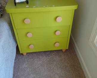 lime green bedside chest, goat head lamp