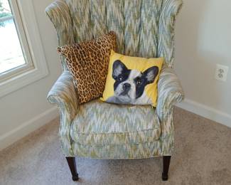 flame stitch channel tufted wing chair,