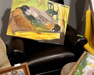 Dark brown faux leather lazy boy, Monet inspired nude painting
