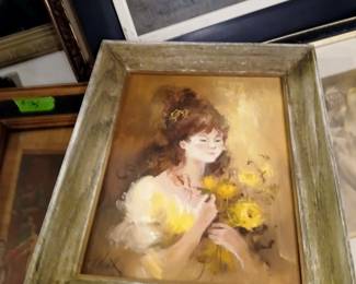 mid century painting of girl with yellow roses