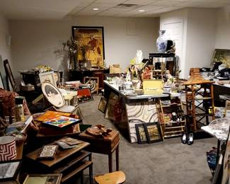 LONG SHOT of basement home decor and furniture room