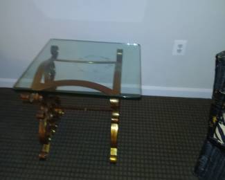 heavy framed bronze finished metal glas stop end and coffee tables
