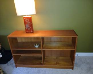 teak book case, mid century, chinese lamp