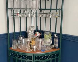 Corner Bar Cabinet Wine Rack W Bar Accessories Glasses, Shot Glasses, Flask, Decanter, And More