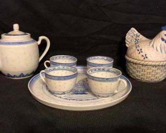 Hand Painted Blue And White Chinese Rice Grain Pattern Tea Set And Nesting Hen Trinket Box