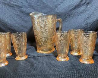 Jeanette Floragold Amber Glass Pitcher And Cups