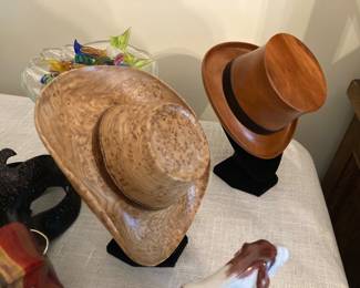 Miniature carved wood hats with stands