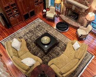 One feathered filled sofa is for possibly for sale. Client undecided. Walter E. SMITHE. Store provides additional fill when needed for no charge. SQUARE Granite slab cocktail table w/carved elephant corners. Round Table NFS! 
Oscar Isberian rug 17+” x 12+” $3,000. Incredible Deal. Oscar himself will tell you! Lamps and chairs tbd 