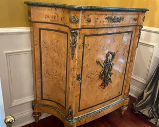 These 2 are from France. Birdseye Maple. 
They purchased from an antique importer in San Francisco. 
$700 each or $1,200 for pair. Marble top is removable for transport yet needs to be carried on rigid flat surfaced piece 