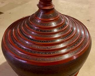 Burmese Ceremonial Offering Vessel - aka Hsun-ok.  Lacquer over Bamboo. These vessels were used by wealthy families and the nobility for religious ceremonies and to decorate shrines. $150- due to imperfections…if mint condition would sell for thousands. 