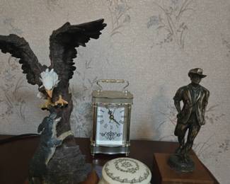 Antique Creme Jar. Clock, Soldier, Eagel/Wolf Figurine