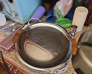 Mid-Century Metal Tray with Wood Handles
