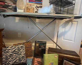 7 photo albums, 3 irons, shoe slots, electric knife,bread box, (1) black unit storage drawers breadbox decor, set of gel pins, Ironing table, plastic organizing trays set