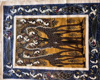 Unframed handpainted canvas of giraffes and birds, from Africa possibly Tanzania or Uganda
